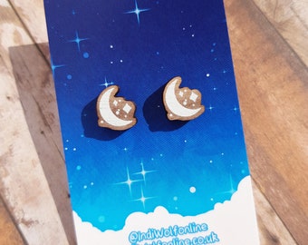 Starlight Wooden Earrings - Surgical Steel, Moon & Stars, Eco Friendly Earrings for Sensitive Ears