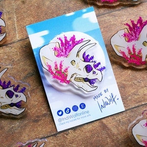 Heather Acrylic Pin - Pink Flowers, Triceratops Skull, Fossil Pin, Dinosaur & Flowers pin, Trike Dino