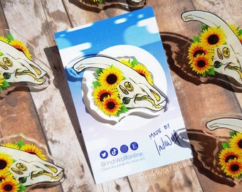 Sunflower Acrylic Pin - Yellow Flowers, Parasaur Skull, Dinosaur Enthusiast, Paleo Design, Skull Artwork