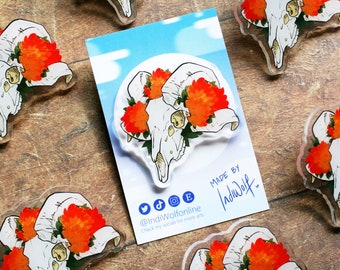 Chrysanthemum Acrylic Pin - Orange Flowers, Ram Skull, Gothic Design, Lost Sheep, Skull Artwork