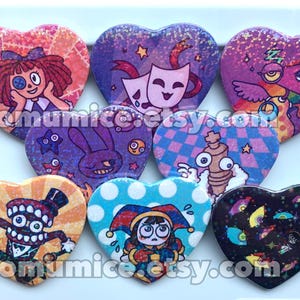 Os incríveis pins de coração holográficos do Digital Circus!! Pomni, Caine, Kinger, Jax, Zooble, Gangle, Ragatha e VOID POMNI