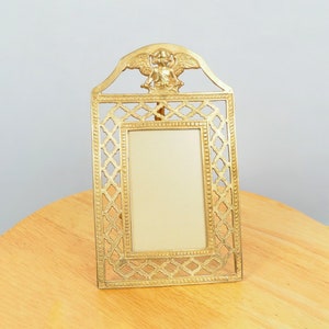 Rectangle picture / photo frame || Vintage Solid brass picture holder || Cherub on the top lace-cut ornaments around the edge
