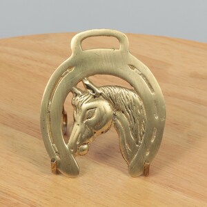 Solid Brass Horse Badge / Horse Brass / Tack || Horse head inside a horse shoe design || Good luck || Vintage solid brass || Home decor