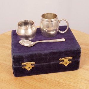 Christening gift || E.P.N.S. || Mug, spoon and napkin holder || Silver plated || Velvet fabric box || EPNS || Cutlery set of three ||