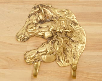 Rack / hook / holder / cloth rack || wall decor || vintage solid brass || horse family