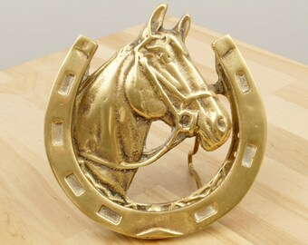 Heurtoir de porte fer à cheval et tête de cheval en laiton, Heurtoir de porte en laiton de collection, Heurtoir de porte fer à cheval et tête de cheval en laiton vintage