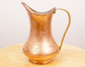 Copper jug / pitcher / vase || Vintage Copper with brass handle || Arabic design