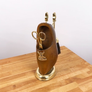 Fireplace tool set in the Shoe shaped stand || vintage solid brass and wood || Shovel, Broom, Tongs