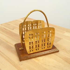 Tissue holder / envelope / letter / paper rack || vintage brass and wood