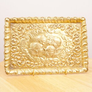 Tray / Plate / Dish || Handcrafted angel / floral design || Vintage solid brass || Rectangular shape || Cherub / Angel desihgn
