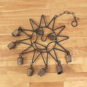 Vintage wind chime rusty metal cow bells || Wall hanging || Sun design || Vintage solid metal
