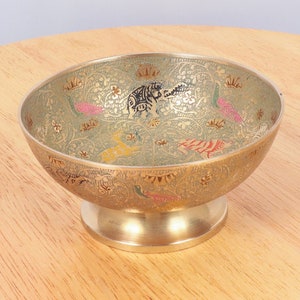 11 cm Bowl / Plate / Dish || Vintage Solid Brass with Red, green, gold and Black Enamel || animal and Floral design