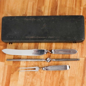George Clark ltd Voluto Zilvervos roestvrijstalen snijset || Vork, mes en slijper roestvrij Sheffield Engeland