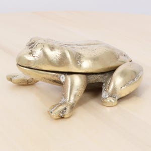Pode incluir: Uma caixa de bugigangas em forma de rã de latão com tampa articulada. A rã está em posição de repouso, com as pernas estendidas. A caixa tem uma superfície texturizada e uma cor dourada.
