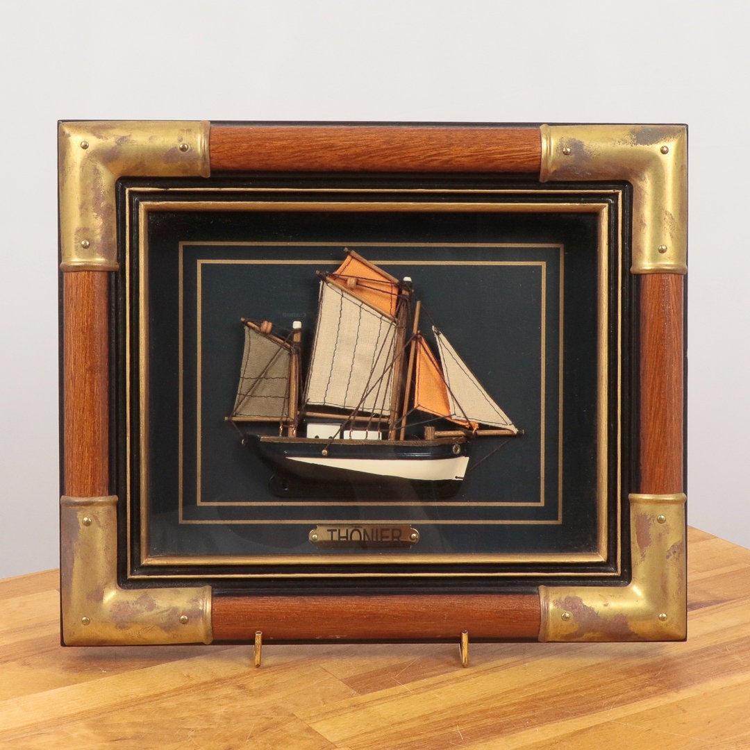 Two ships in frames Vintage solid wood and glass Thonier Etsy
