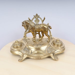 Vintage Ink Dish Holder / inkwell / ink pot holder || Solid brass || Floral and horse design || Writing Accessory