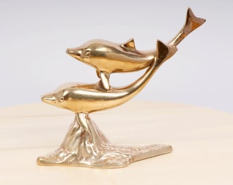 Vintage Solid Brass Dolphin Pair Sculpture – Jumping Dolphins Figurine