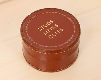 Brown Real leather round shape box  || Studs links clips  box || Real Hide Made in England || Vintage