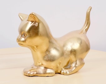 Cat Figurine – Collectible Feline Sculpture, Gold-Toned Home Décor, Paperweight or Gift - Vintage Solid Brass Kitten