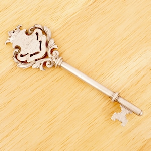 May include: A silver ornate key with a decorative head featuring the text "BEVZAAR" and a crown. The key is on a light wood surface.