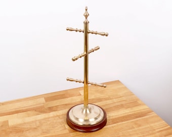 Vintage Brass Mug Tree Stand with Wooden Base | 6 Arm Mug Holder | Cup Display Rack | Kitchen Counter Organizer | Farmhouse Decor