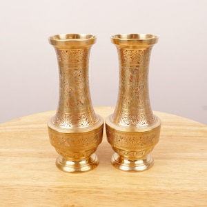2 vases / set of two vases / vase pair || Handmade engraved floral design || multi colour enamel || Vintage solid brass || K.K INDIA 52