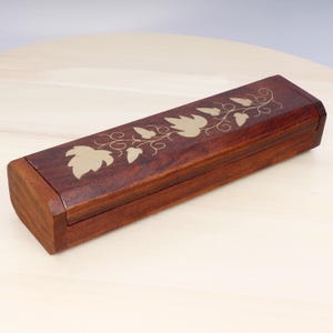 Vintage Wooden Pencil Box – Brass Inlay Floral Design – Small Storage or Trinket Box – Rustic Handmade Case
