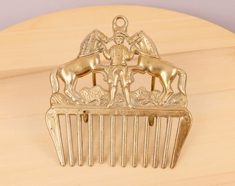 Horse comb with a Jockey holding to horses  scene || can be used as wall hanging || vintage solid brass