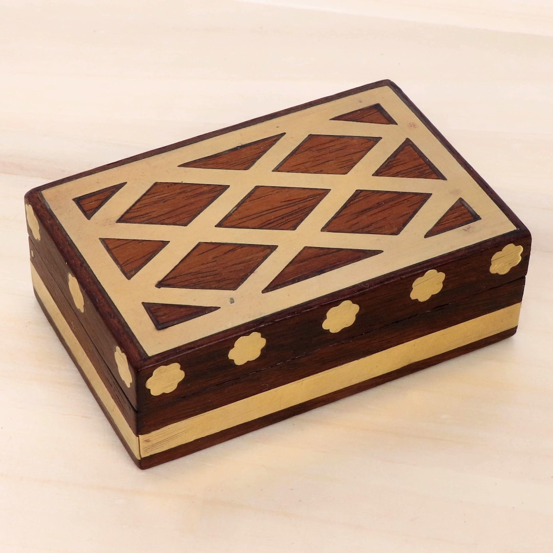 Small Inlayed Box Small Wooden Inlay Box With Brass Diamond Pattern – Vintage Handcrafted ...