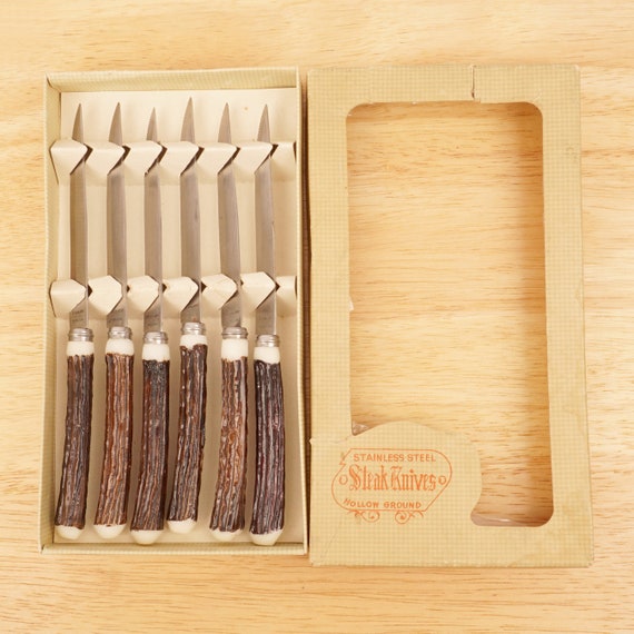 6 Steak Knives Stainless Steel Foreign Hollow Ground Vintage Set