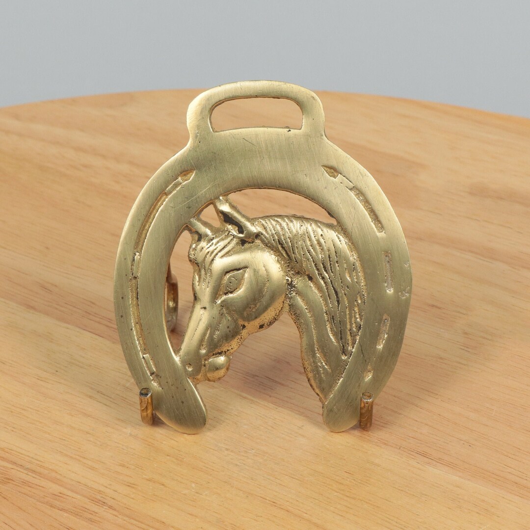Solid Brass Horse Badge / Horse Brass / Tack Horse Head Inside a Horse