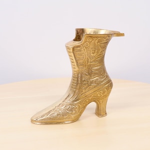 Vintage Solid Brass Victorian Boot Decorative Vase | Ornate High Heel Shoe Planter | Collectible Brass Home Décor