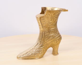 Vintage Solid Brass Victorian Boot Decorative Vase | Ornate High Heel Shoe Planter | Collectible Brass Home Décor