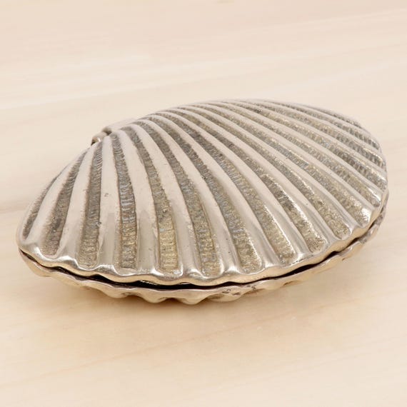 Hinged Shell Trinket Box | Silver Tone Seashell Jewelry Dish | Coastal Nautical Decor | Vintage Solid brass