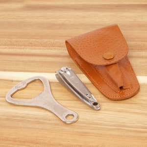 Bottle opener and nail clippers || Vintage silver plated and real leather holder