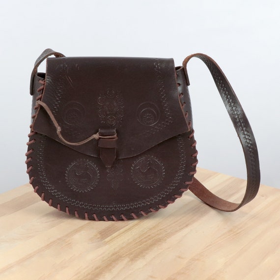 Leather  Bag || Vintage Handmade Real Leather shoulder bag / messenger || Dark brown leather || Pressed camel pictures
