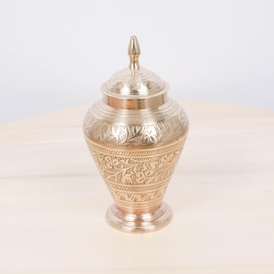Vintage Brass Lidded Jar, Hand Engraved Brass Urn, India Brass Storage Pot, Trinket Jar, Floral Brass Decor, Keepsake Container