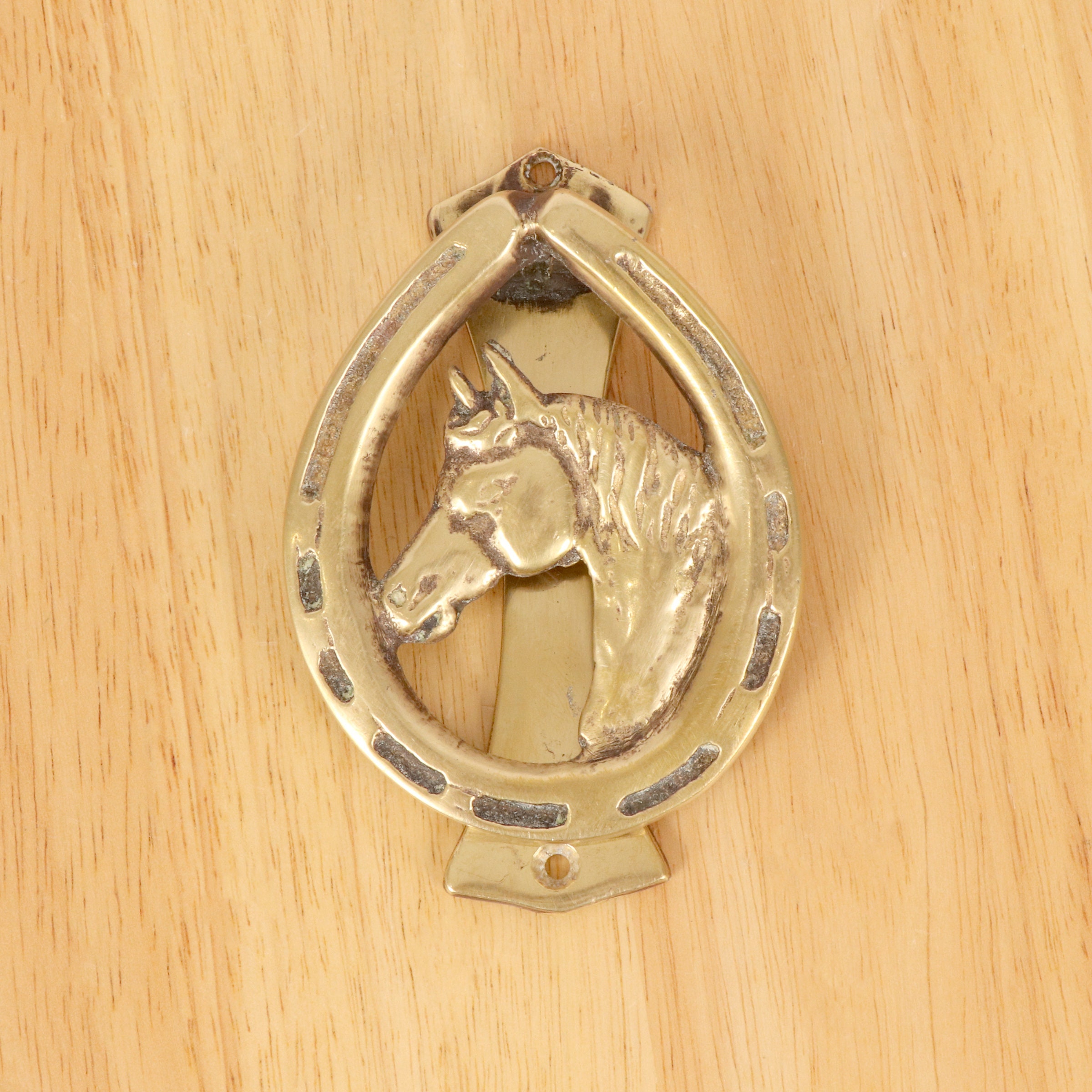 Heurtoir de porte tête de cheval fer à cheval porte-bonheur en laiton des années 1970 - France