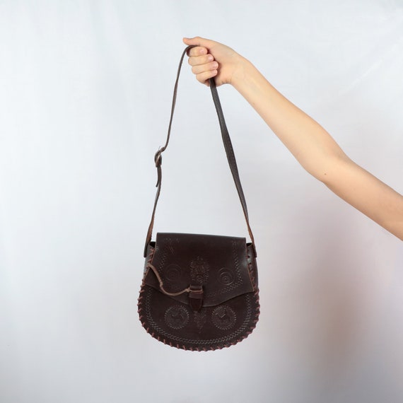 Leather  Bag || Vintage Handmade Real Leather shoulder bag / messenger || Dark brown leather || Pressed camel pictures View 2