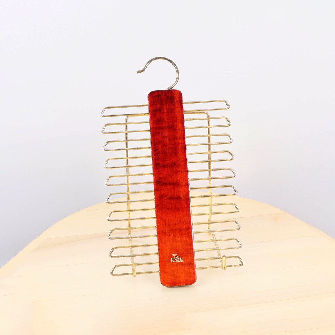 The Tie Rack Made in England 20 Hooks Tie Holder Vintage Wood and Brass