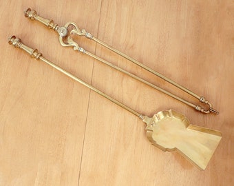 Fireplace Tool Set || Antique Solid Brass || Shovel, Tongs