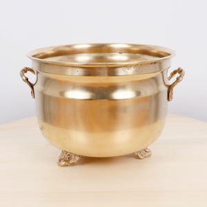 May include: A vintage brass planter with a rounded body, two ornate handles, and three decorative feet. The planter has a polished finish with a slight patina, giving it a classic, aged appearance. The planter is sitting on a light-coloured wooden surface.