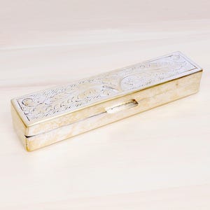 Vintage Silver-Plated Box | Floral Etched Lid | Rectangular Trinket or Pen Case | Ornate Decorative Storage