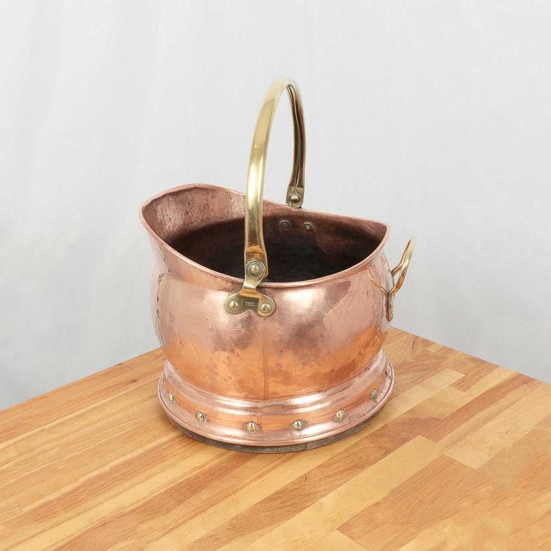 Coal Bucket Vintage Solid Brass and Copper Wood Base Insert marked Made