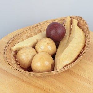 Wood fruits collection / wooden fruits - apples and banana in woven basket || Made of a light wood