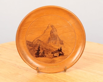 Andermatt Souvenir - Holzteller / Wandbehang / Wandteller || Vintage runde Holzplatte / Tablett