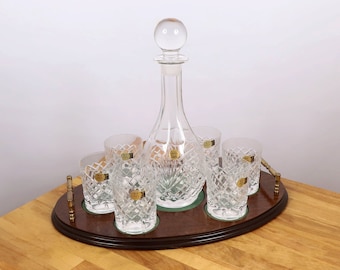 Alcohol serving set of 6 || Vintage || Wooden and metal alloy tray || Fabric base || set of six || Crystal / glass