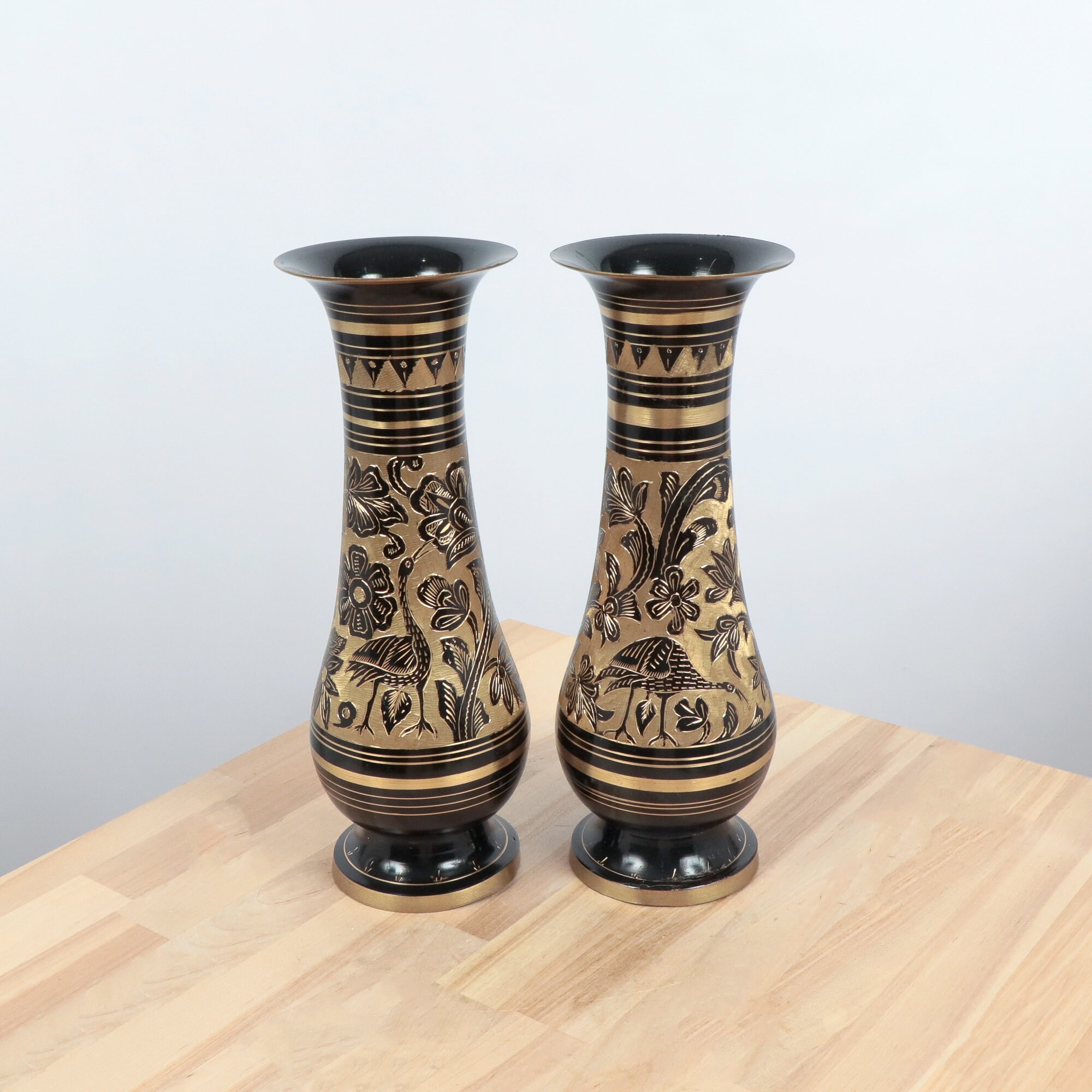 30 Cm Vases / Set of Two Brass Vases Handmade Engraved Floral Ornaments in  a Black Enamel Vintage Solid Brass Set of Two -  Israel
