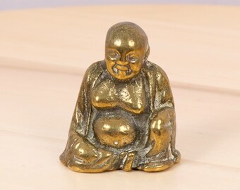 Smiling Buddha miniature / statuette / figurine / sculpture || Vintage solid brass paperweight