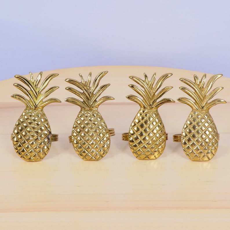 4 Napkin Rings Vintage Solid Brass Pineapple design image 1